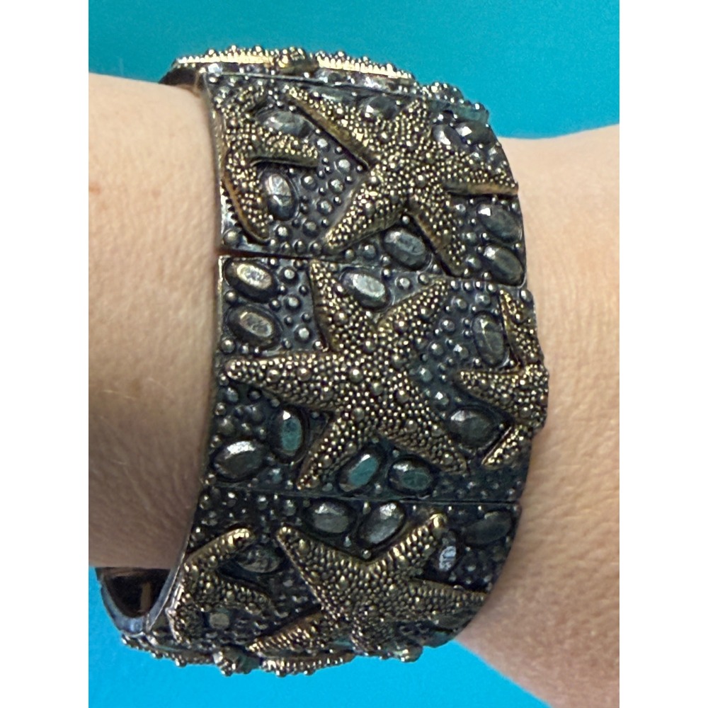 Wide Starfish Stretch Bracelet Coastal Beach Pewter Brass Statement Mermaidcore - Picture 3 of 10